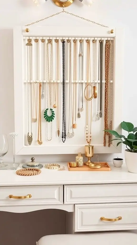 29+ Creative Dollar Tree DIY Crafts You Need to Try 10 A stylish jewelry organizer displaying necklaces and bracelets on a white background with gold accents.