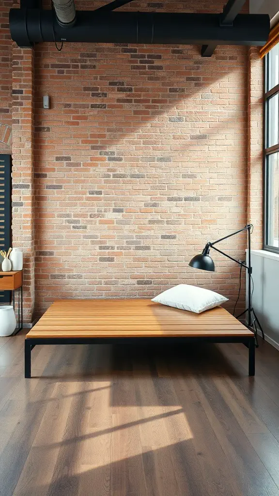 25+ Inspired Floor Bed Ideas for a Cozy Bedroom Makeover 8 A modern industrial floor bed design featuring a wooden platform bed against a brick wall with a floor lamp.