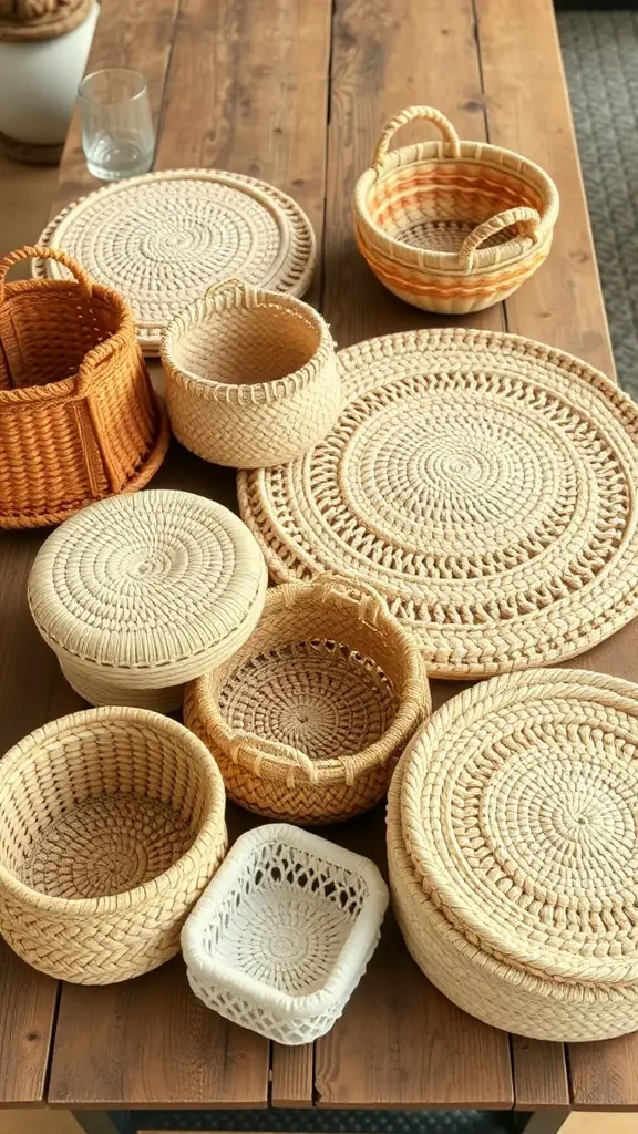A variety of woven baskets in different shapes and sizes on a wooden table.
