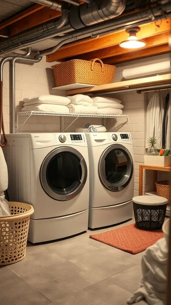 A basement laundry room featuring modern washing machines, a drying rack, and organized storage.
