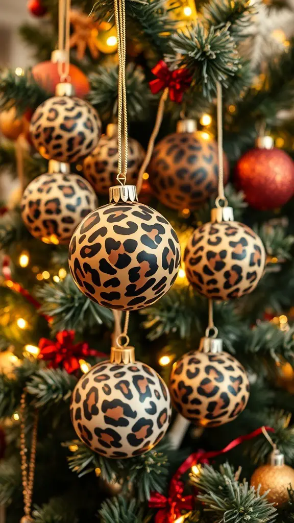Leopard print ornaments hanging on a Christmas tree