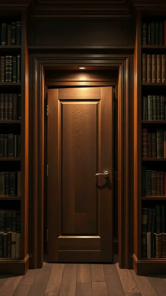 A wooden door hidden between bookshelves, illuminated softly, suggesting a secret entrance.