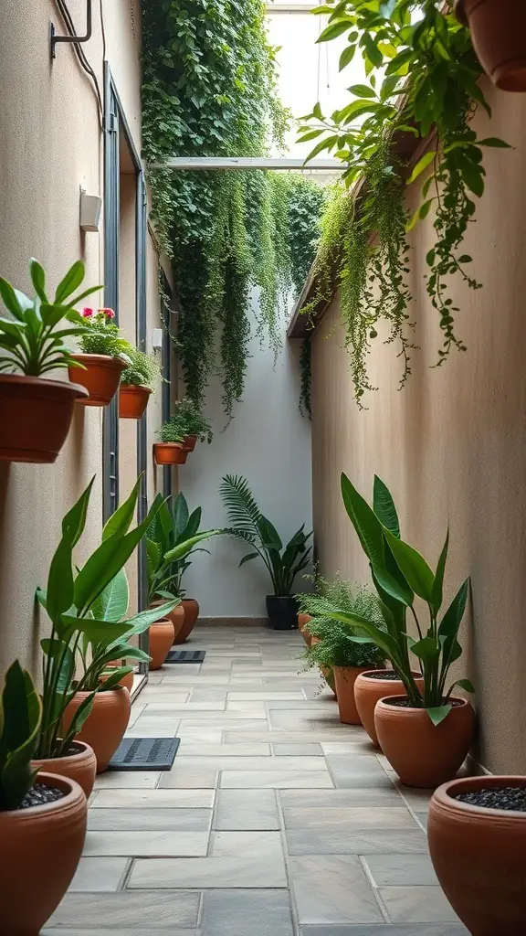 A narrow hallway filled with various potted plants, creating a lush and inviting atmosphere.