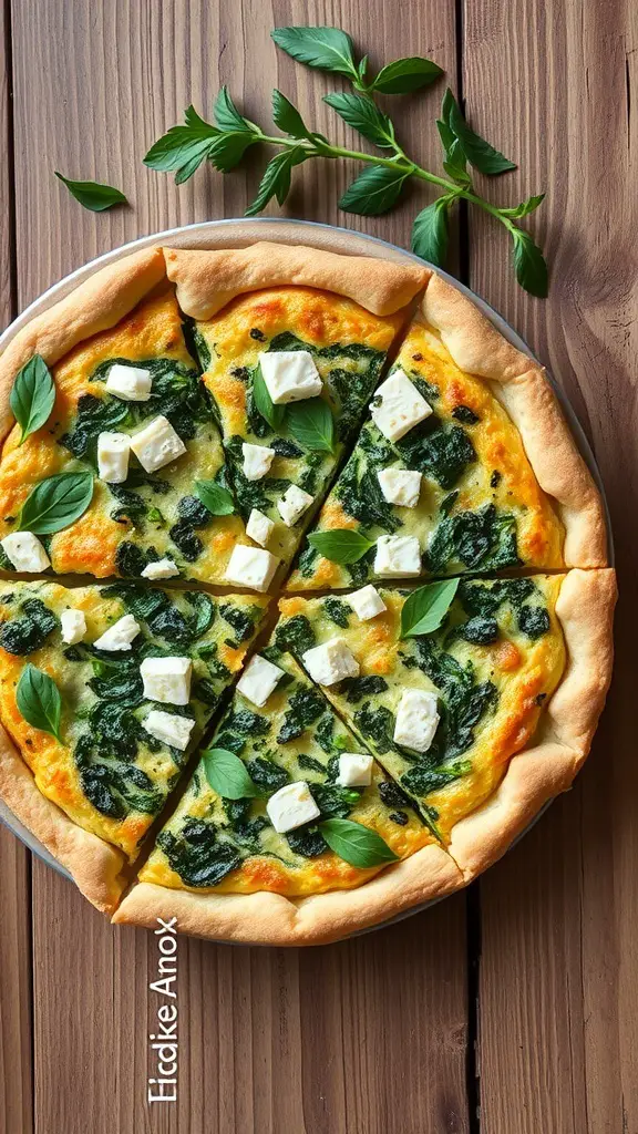 A delicious spinach and feta quiche sliced into pieces, garnished with fresh basil leaves.