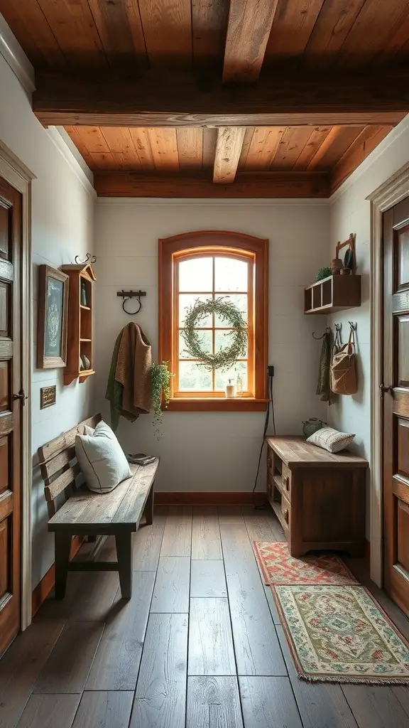 27+ Mudroom Ideas to Elevate Your Space 3 A rustic mudroom featuring wooden beams, a bench, and natural light from a window.