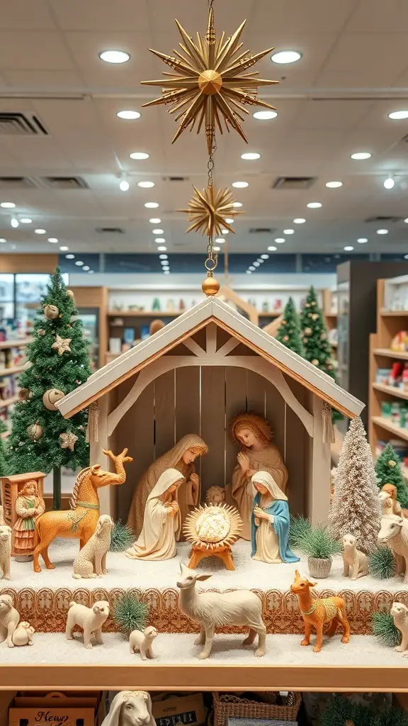 25+ Festive Christmas Store Displays to Inspire Your Retail Space 5 A traditional nativity scene display featuring Mary, Joseph, and baby Jesus with animals and decorative elements.