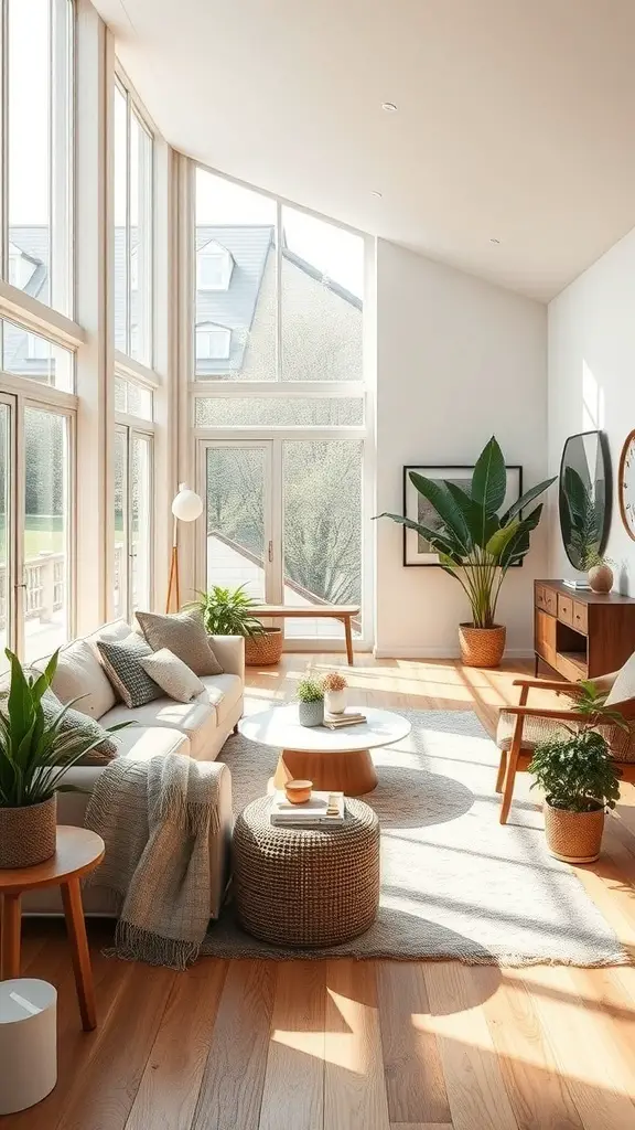 27+ Earthy Living Room Ideas with 15 Must-Have Items 5 A bright and airy living room with large windows, plants, and a cozy arrangement of furniture.