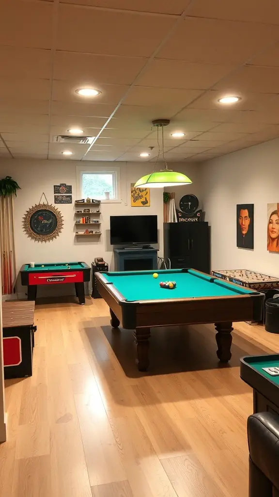 25+ Budget-Friendly Unfinished Basement Ideas to Transform Your Space 15 A basement game room with a pool table, foosball table, and bright green lighting.
