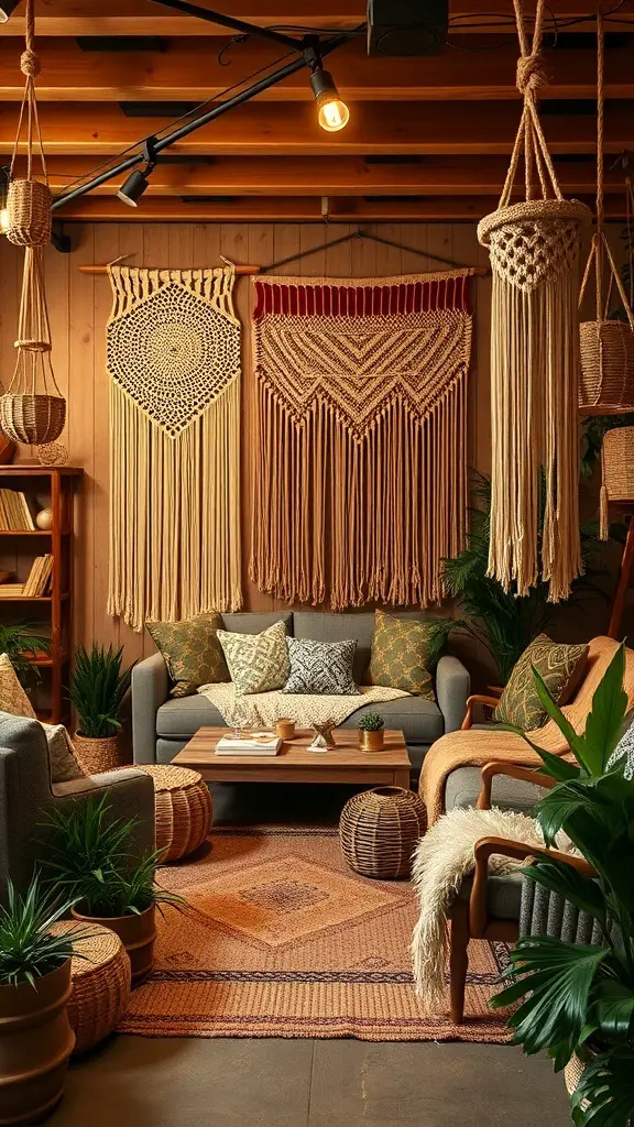 25+ Stunning Boho Basement Ideas to Transform Your Space 8 A cozy basement with macramé wall hangings, plants, and comfortable seating.