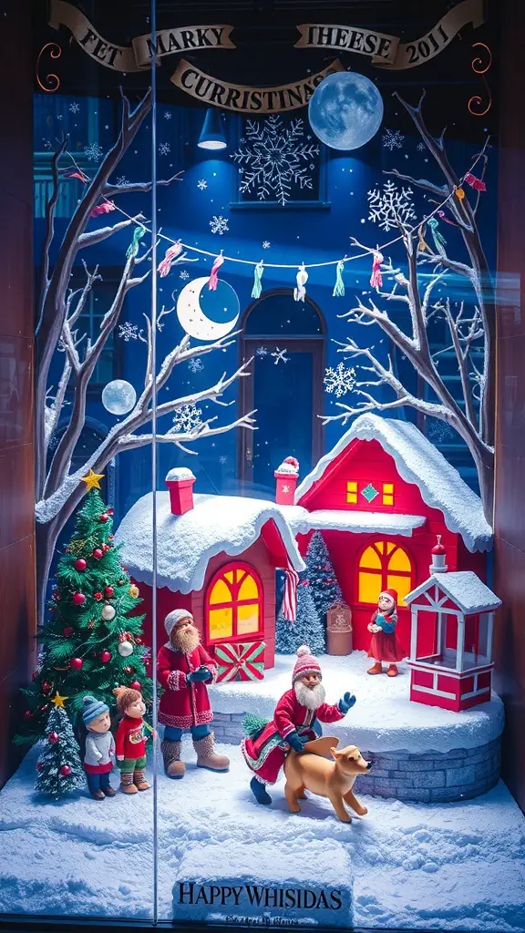 27+ Stunning Holiday Window Displays to Inspire Your Seasonal Decor 14 A festive holiday window display featuring a cozy red house, Santa Claus, children, and a dog in a snowy scene.