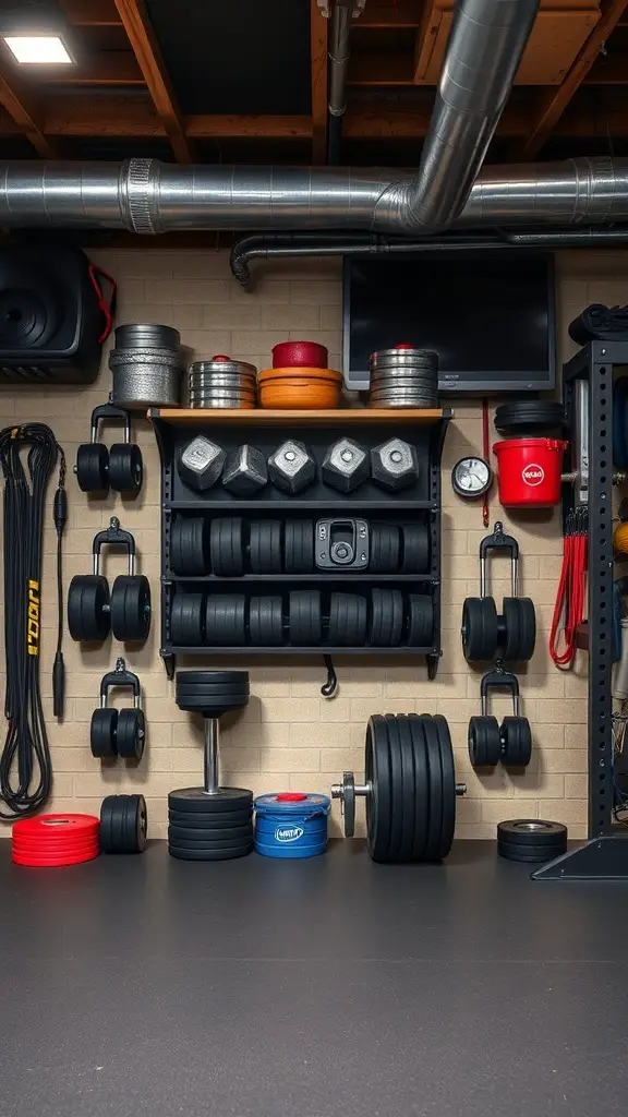 A well-organized basement gym with weights and equipment stored on racks and shelves.