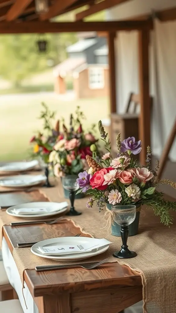 25+ Dreamy Garden Party Wedding Ideas for a Magical Celebration 2 A rustic table setting with flowers, plates, and glassware for a garden party wedding.