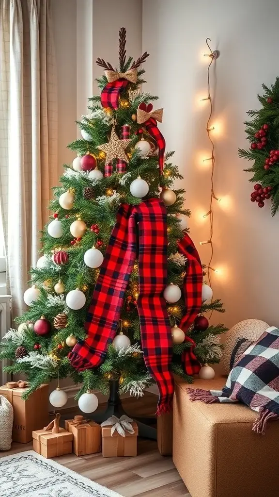 25+ Festive Tartan Plaid Christmas Tree Ornaments and Decorations 13 A Christmas tree decorated with tartan plaid ribbons, white and gold ornaments, surrounded by presents and a cozy seating area.