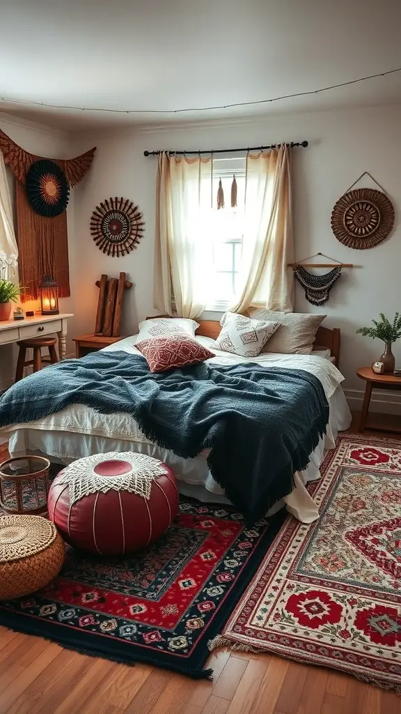 A cozy boho witchy bedroom with layered textiles, featuring a bed with a blue throw blanket, patterned rugs, and decorative pillows.