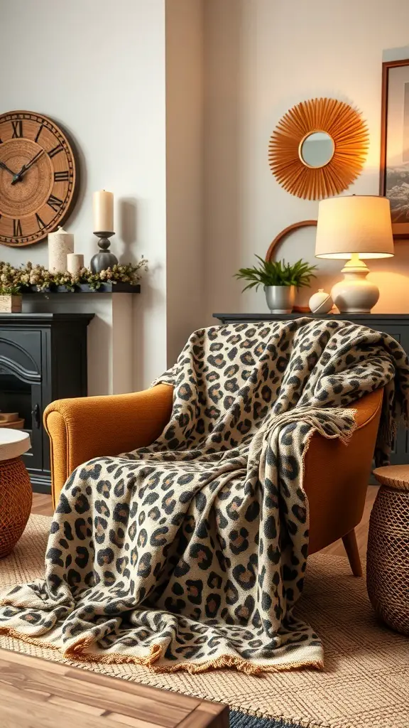 29+ Stunning Leopard Christmas Decor Ideas to Elevate Your Holiday Style 16 A cozy leopard print throw draped over an orange armchair in a stylish living room setting.