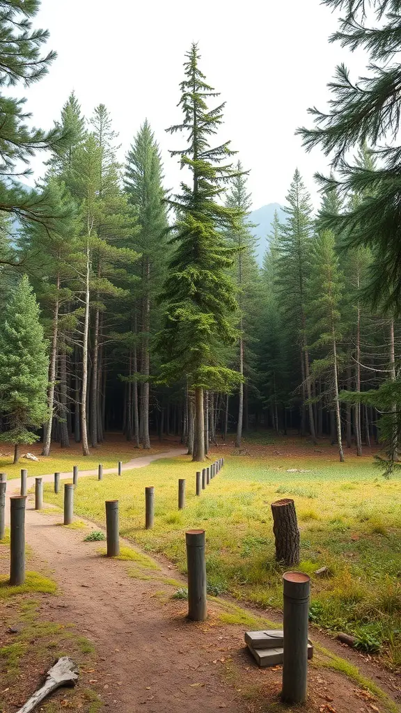 27+ Stunning Off-Grid Cabin Ideas for Your Dream Retreat 7 A serene forest path leading through tall trees, ideal for an off-grid cabin location.