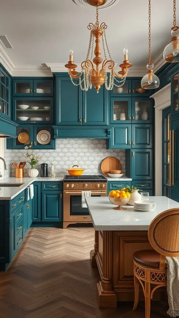 29+ Stunning Ideas for Blue Kitchen Cabinets 6 A kitchen featuring deep teal cabinets, marble countertops, and brass accents.