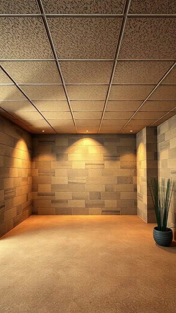 A modern basement with cork ceiling tiles and textured walls.