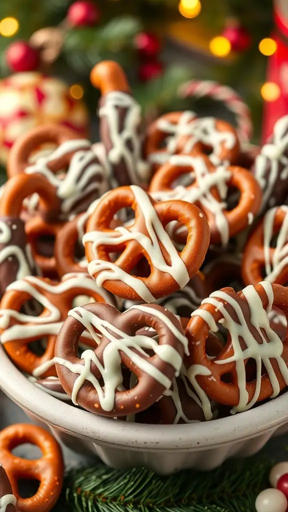A bowl filled with chocolate-covered pretzels, drizzled with white chocolate, surrounded by festive decorations.