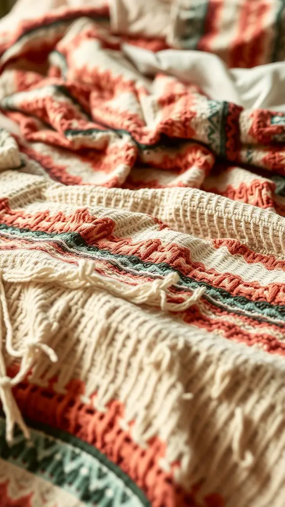 27+ Boho Bedding Ideas to Transform Your Bedroom Style 16 A textured boho-style bedspread with warm colors and intricate patterns.