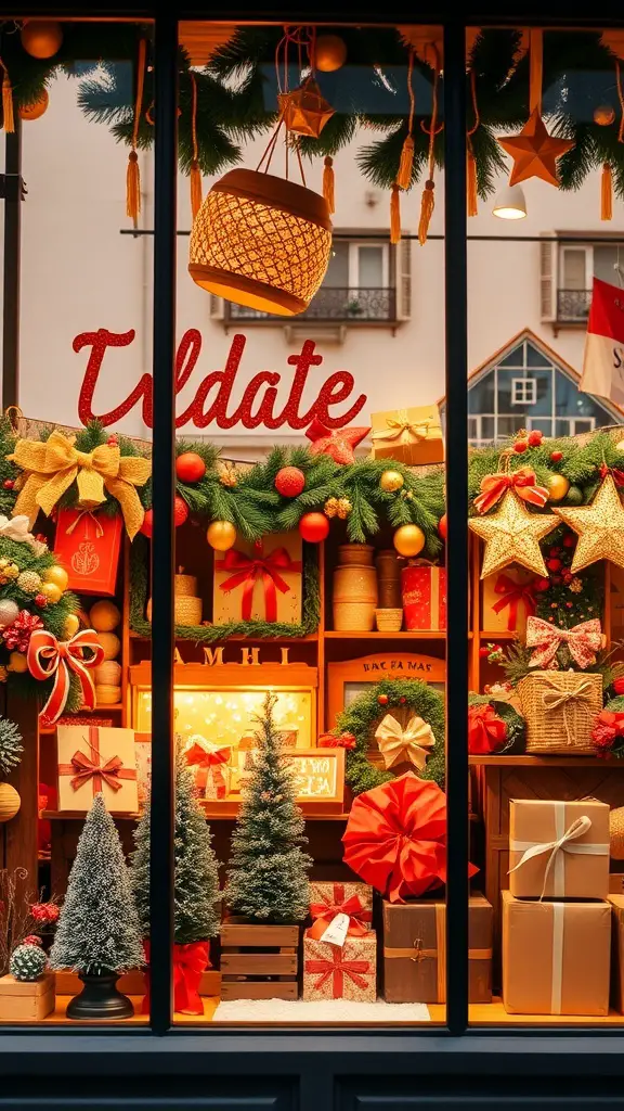 A festive retail window display featuring gifts, decorations, and holiday cheer.