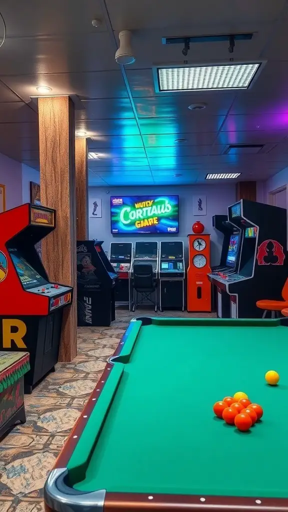 A cozy game room featuring vintage arcade machines and a pool table.