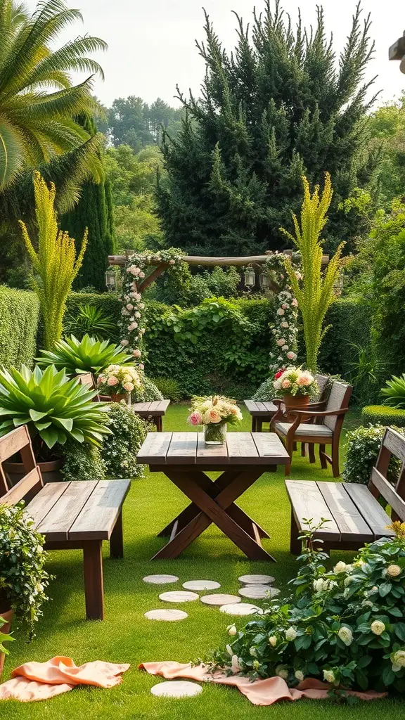 27+ Enchanting for a Garden Wedding Ideas Celebration 2 Rustic wooden seating arrangements in a garden setting with flowers and greenery.