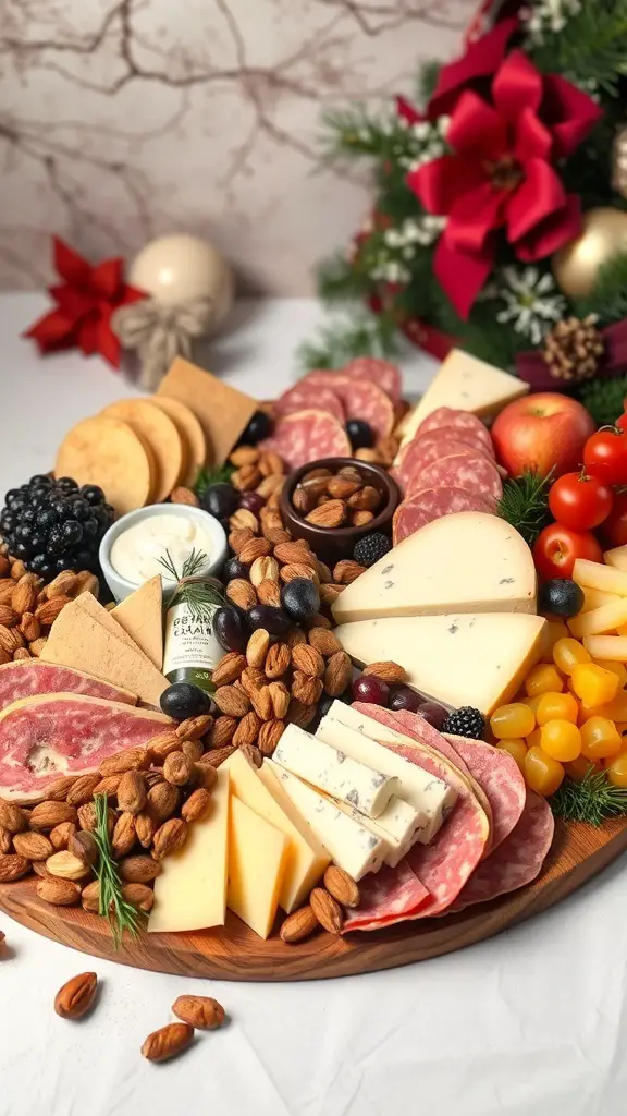A beautifully arranged cheese and charcuterie board with various cheeses, cured meats, nuts, and fruits.
