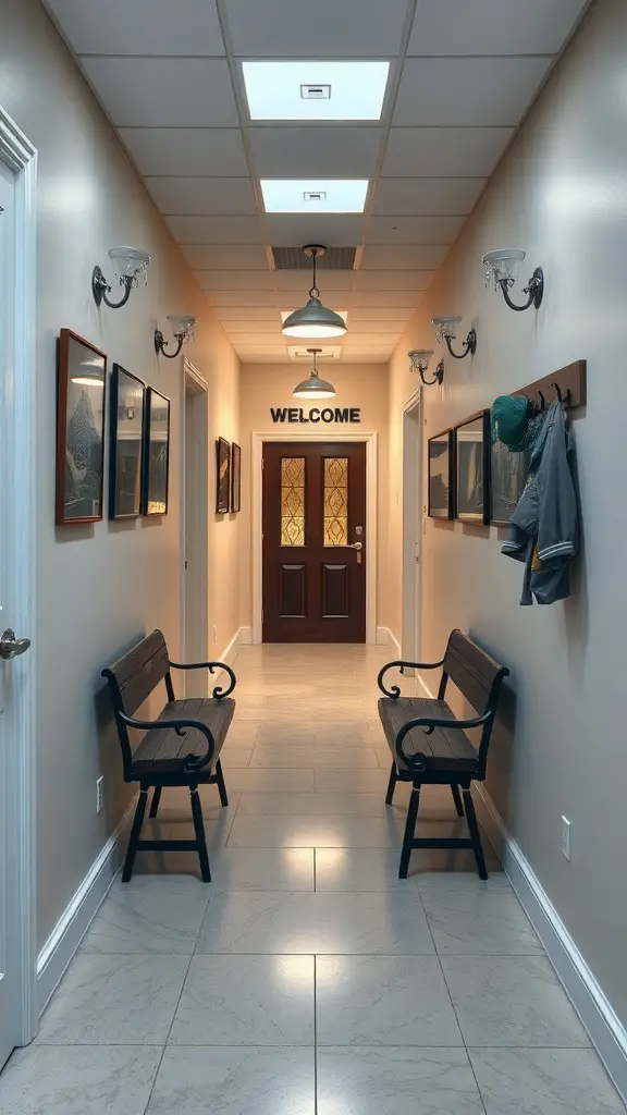 A well-decorated hallway with benches, wall sconces, and framed pictures, featuring a welcome sign.