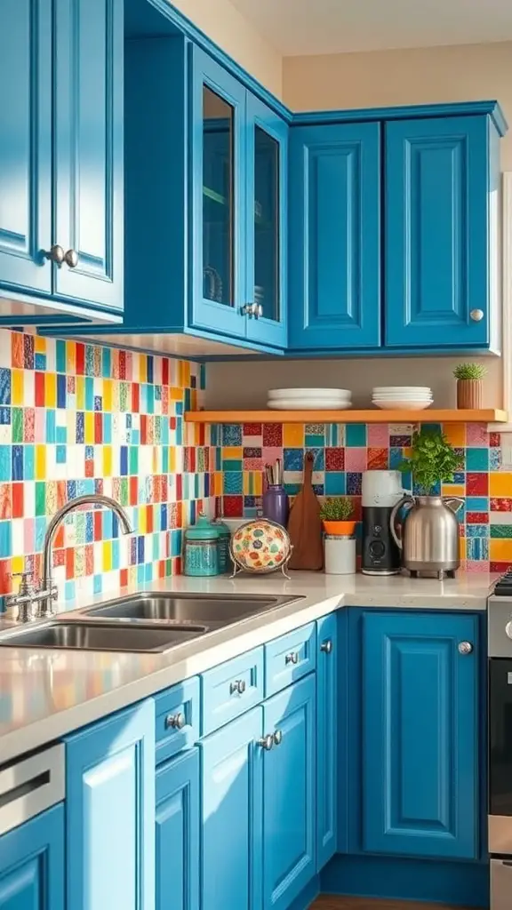 29+ Stunning Ideas for Blue Kitchen Cabinets 16 A kitchen featuring vibrant blue cabinets and a colorful tiled backsplash.