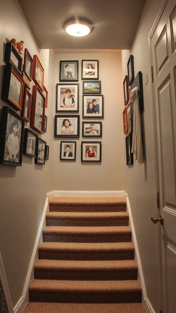 Gallery wall of family photos on basement stairs