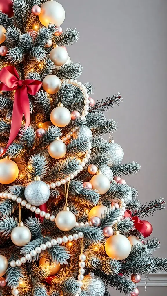 27+ Stunning Pearl Christmas Tree Decorations for a Glamorous Holiday Look 15 A beautifully decorated Christmas tree featuring pearl ornaments, soft pink accents, and warm lights.