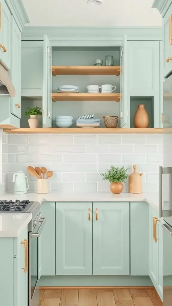 25+ Gorgeous Kitchen Cabinet Colors to Transform Your Space 15 A kitchen featuring light mint cabinets and wooden shelves, showcasing a fresh and inviting design.