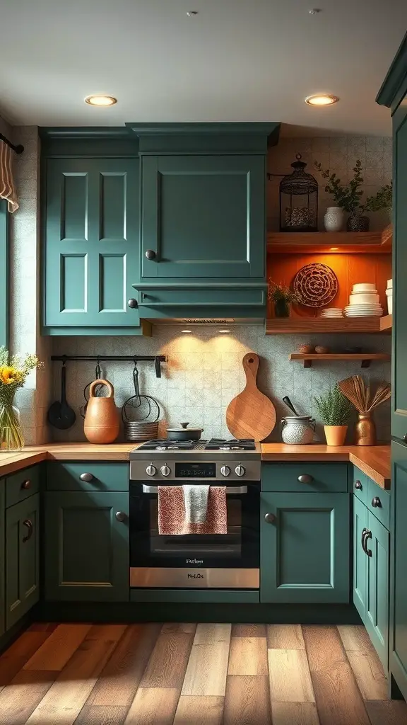 27+ Stunning Green Rustic Kitchen Cabinets for a Charming Makeover 8 A cozy kitchen featuring deep green rustic cabinets, warm wood countertops, and decorative open shelves.