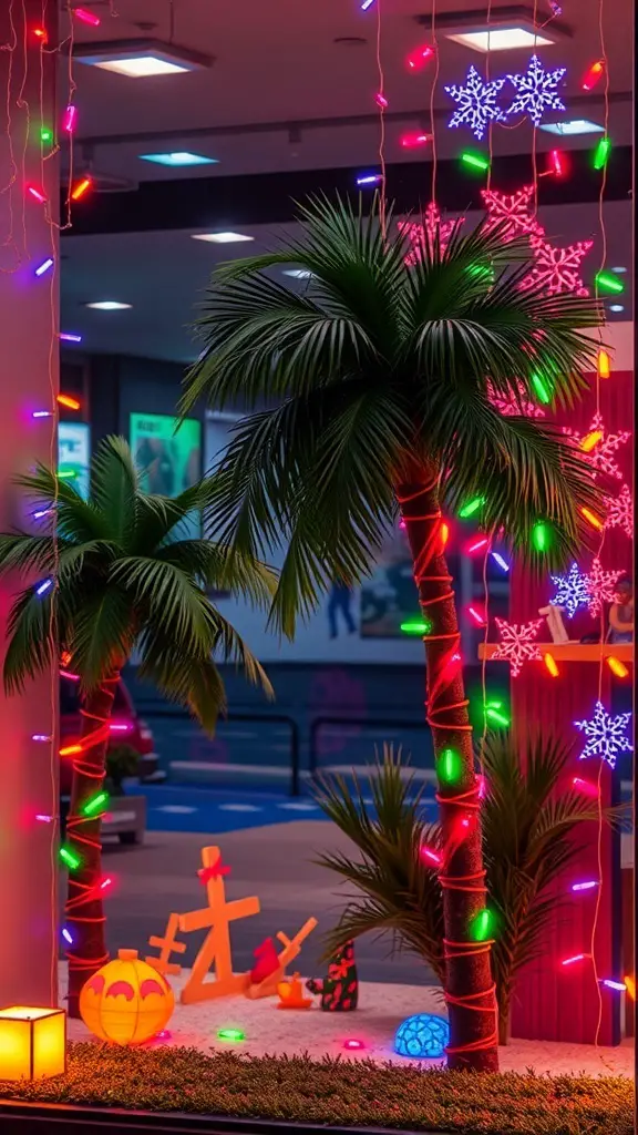 27+ Stunning Holiday Window Displays to Inspire Your Seasonal Decor 10 Tropical holiday window display with palm trees, colorful lights, and festive decorations.