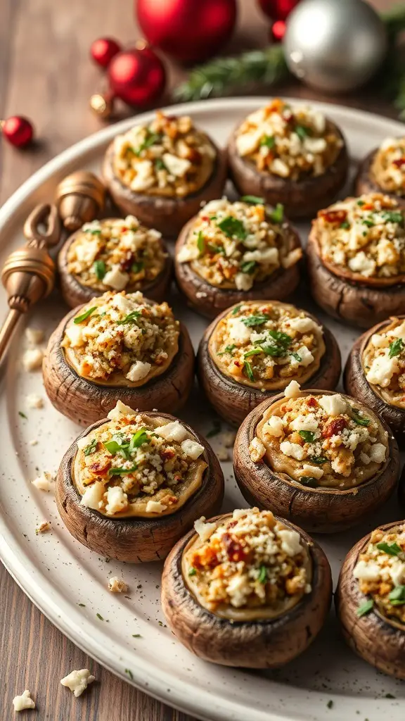 A platter of savory stuffed mushrooms topped with herbs and cheese, perfect for a Christmas party.