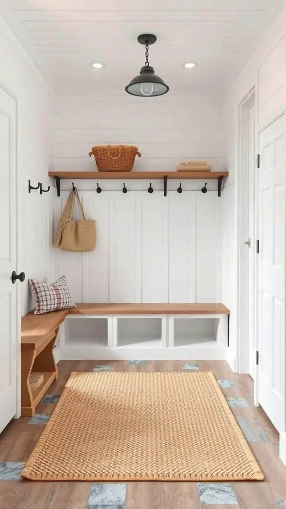 A stylish farmhouse mudroom featuring wooden benches, hooks for hanging bags, and a woven rug on durable flooring.