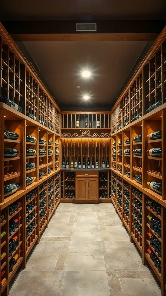 A sleek wine cellar with wooden racks filled with wine bottles, modern lighting, and a central cabinet.