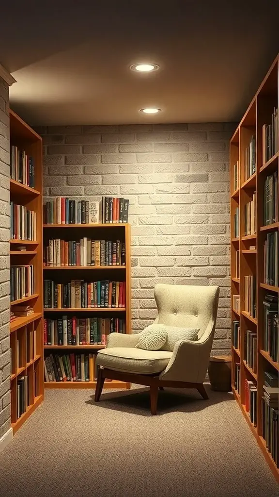 Cozy reading nook with a plush chair and bookshelves filled with books