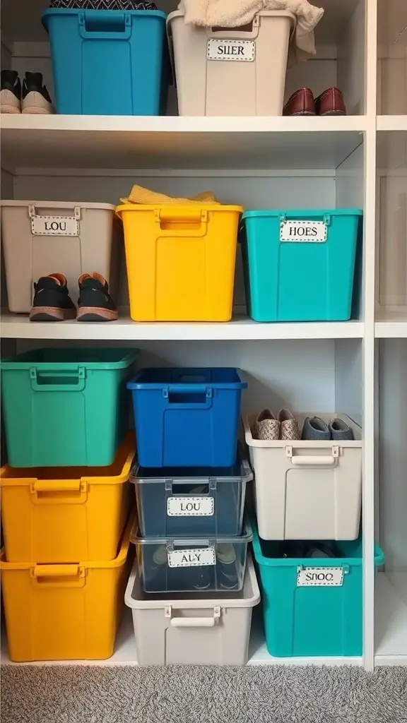 Colorful shoe bins organized on closet shelves, labeled for easy identification.