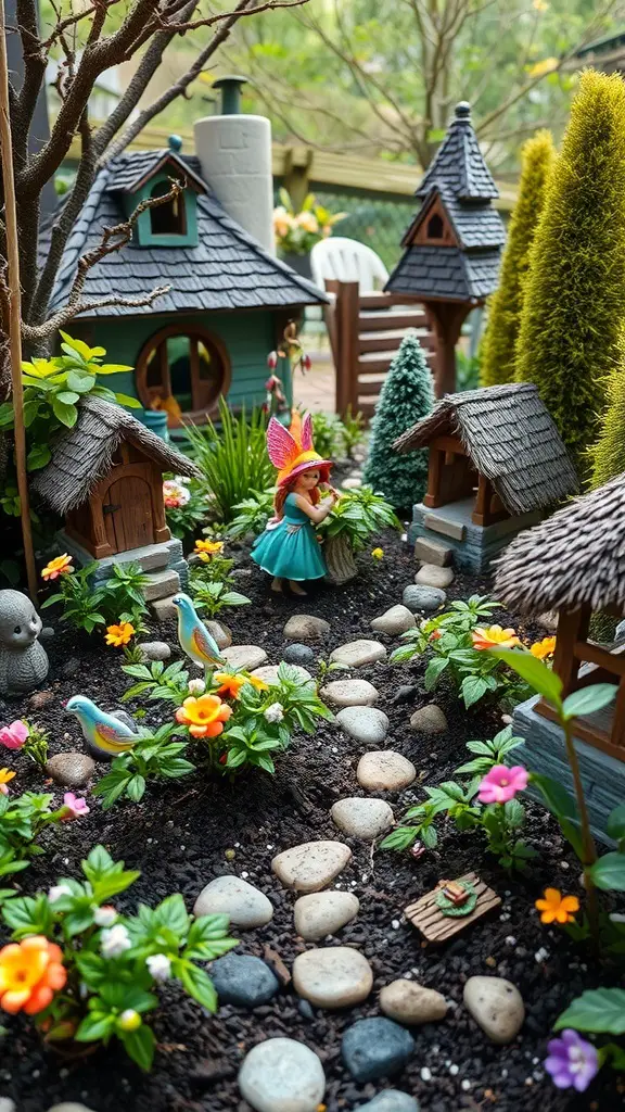 29+ Stunning Garden Border Ideas to Transform Your Outdoor Space 16 A whimsical fairy garden with a fairy figurine, colorful flowers, and miniature houses.