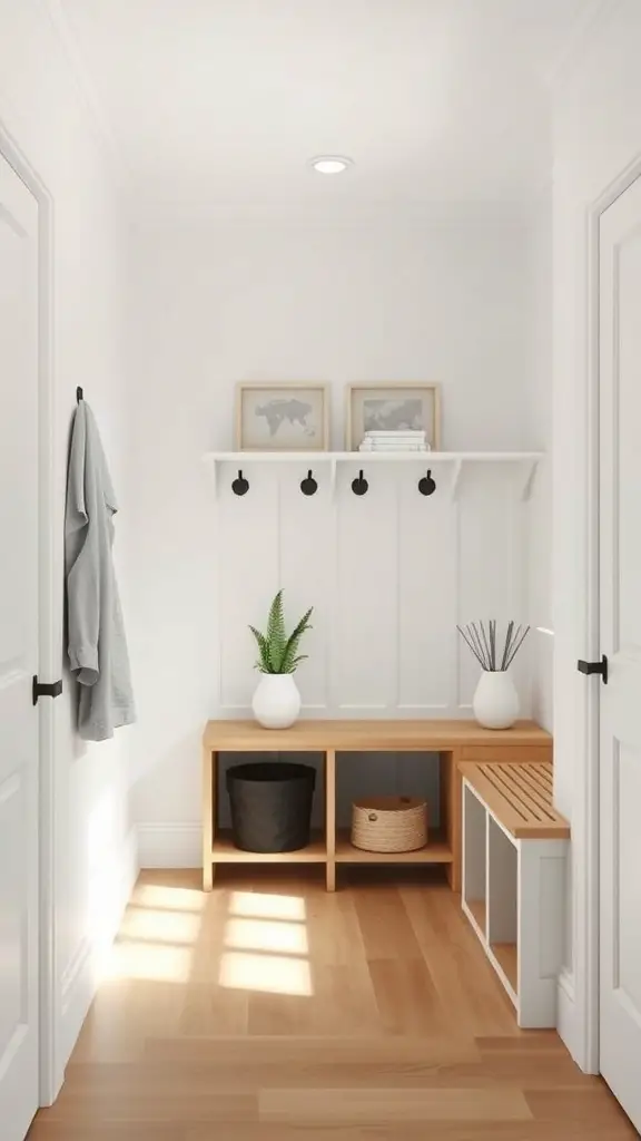 27+ Stylish IKEA Mudroom Ideas for a Functional Space 10 A minimalist mudroom featuring white walls, wooden bench, and plants.