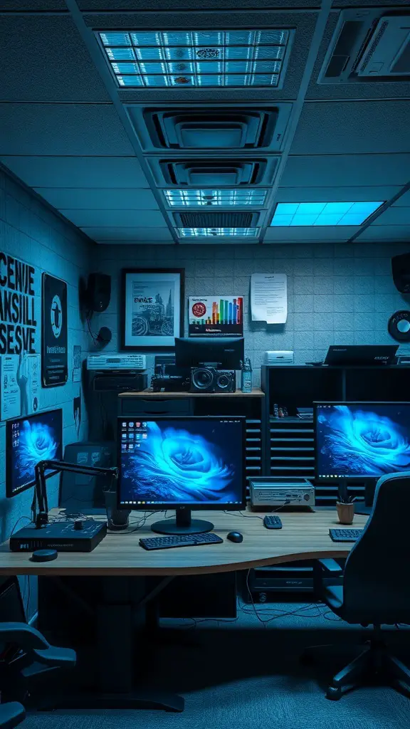 27+ Inspiring Basement Office Ideas for Ultimate Productivity 8 A modern basement office with multiple monitors, a spacious desk, and good lighting.