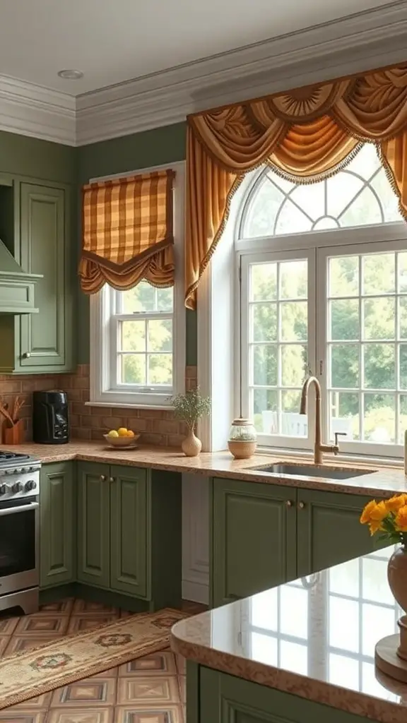 Stylish window treatments in a green and brown kitchen, featuring elegant drapery and a checkered pattern.