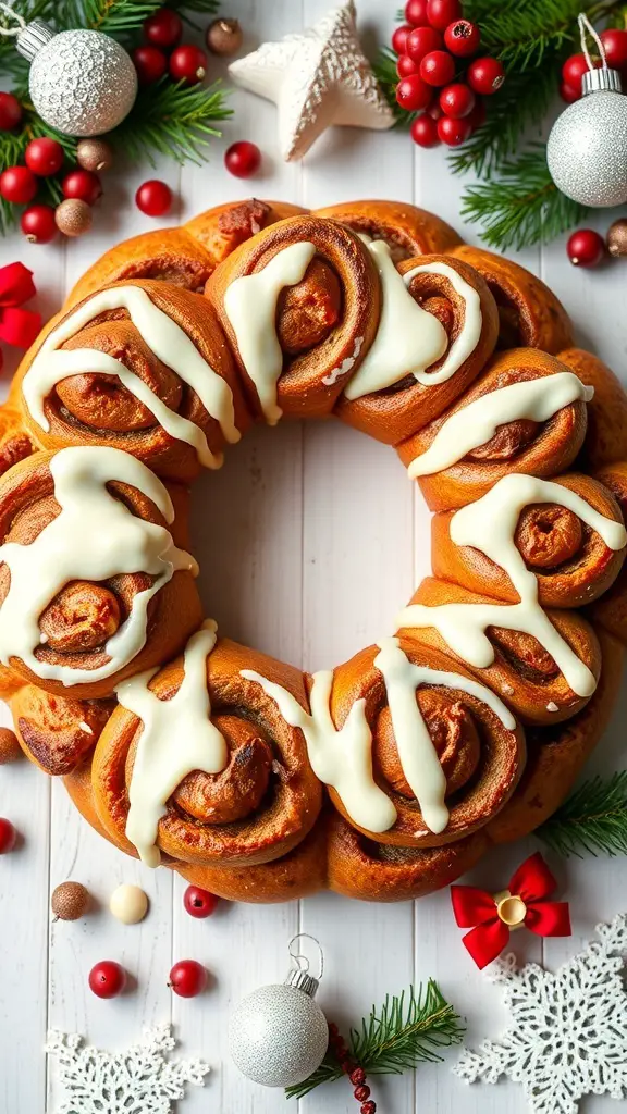 A festive cinnamon roll wreath topped with cream cheese frosting, surrounded by Christmas decorations.