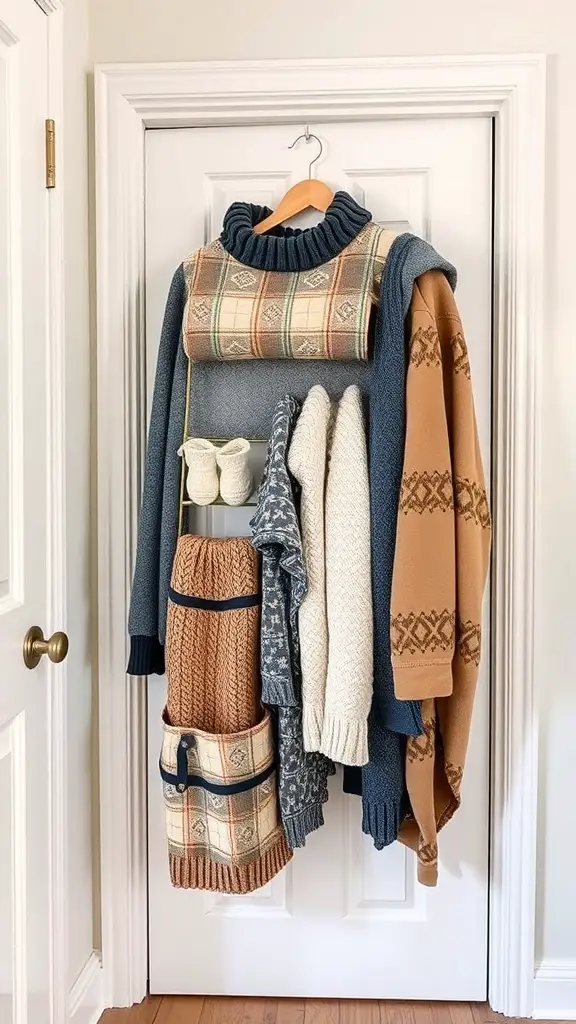 29+ Creative Sweater Storage Ideas to Maximize Your Closet Space 9 A collection of sweaters organized on an over-the-door hanger, showcasing various colors and styles.