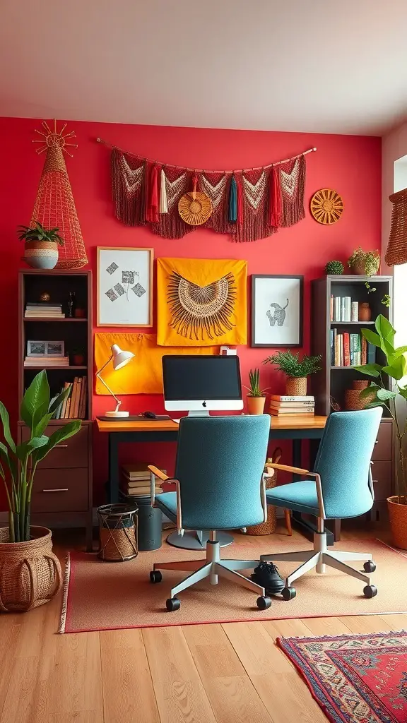 23+ Boho Office Decor Ideas for a Stylish Workspace 4 A vibrant boho office with red walls, blue chairs, and natural decor.