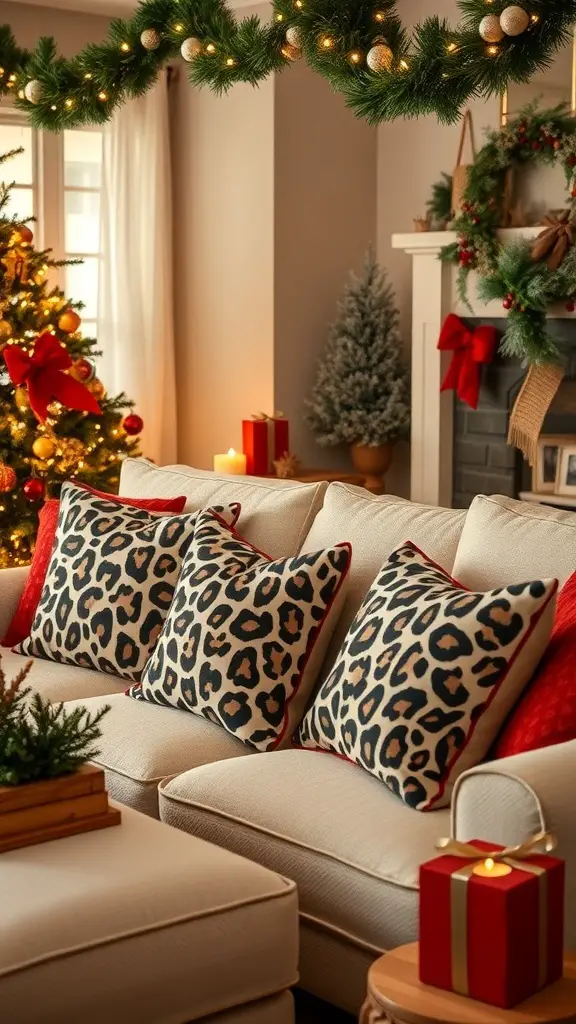 29+ Stunning Leopard Christmas Decor Ideas to Elevate Your Holiday Style 3 Cozy living room with leopard motif holiday pillows on a couch, decorated for Christmas.