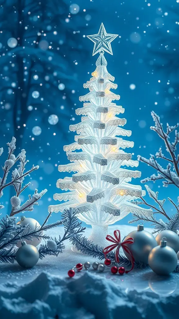 A crystal Christmas tree with a star on top, surrounded by snow and ornaments, creating a winter wonderland scene.