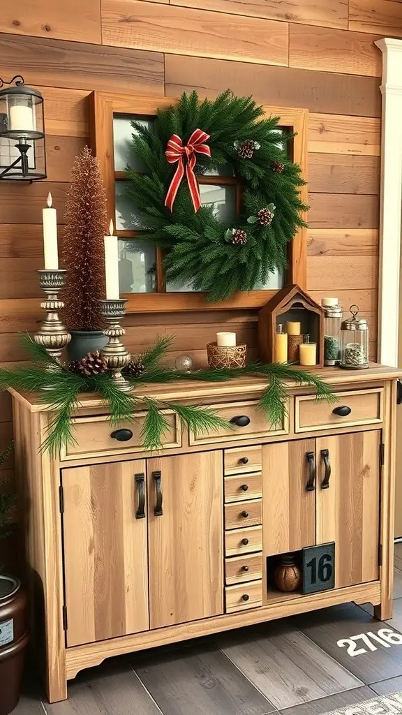 23+ Beautiful Christmas Sideboard Decor Ideas to Transform Your Home 6 A rustic wooden sideboard decorated for Christmas with a wreath, candles, and greenery.
